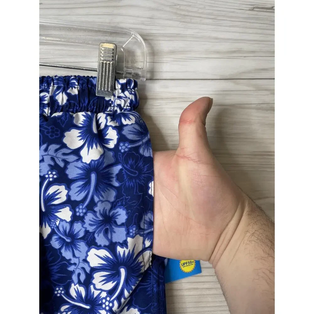 Banana Boat Swim Trunks Boys 12 Blue White Hibiscus Floral‎ Board Shorts UPF50+
